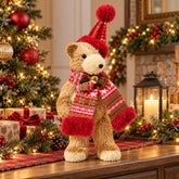 Figura decorativa de oso navideño de 39 cm con bufanda roja y verde y gorro con pompón