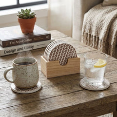 Set de porta vasos x6 circulares 10 cm con diseño zigzag y soporte