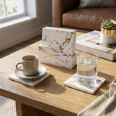 Portavasos rectangulares x6 con base MDF diseño mármol blanco con vetas doradas