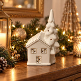 Figura decorativa navideña casa blanca con árbol y luces detalles dorados