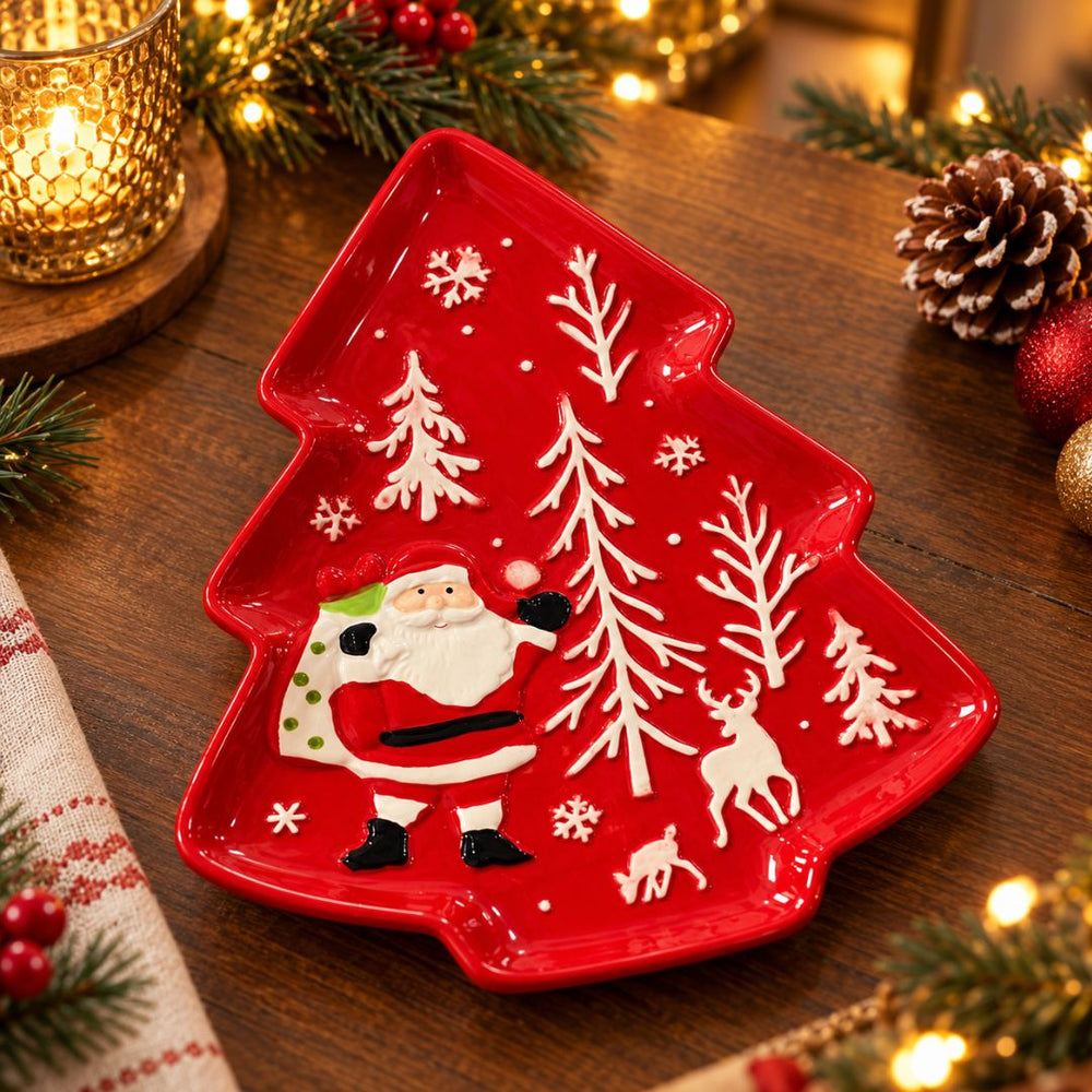 Bandeja decorativa navideña roja en forma de árbol con Papá Noel de 26 cm