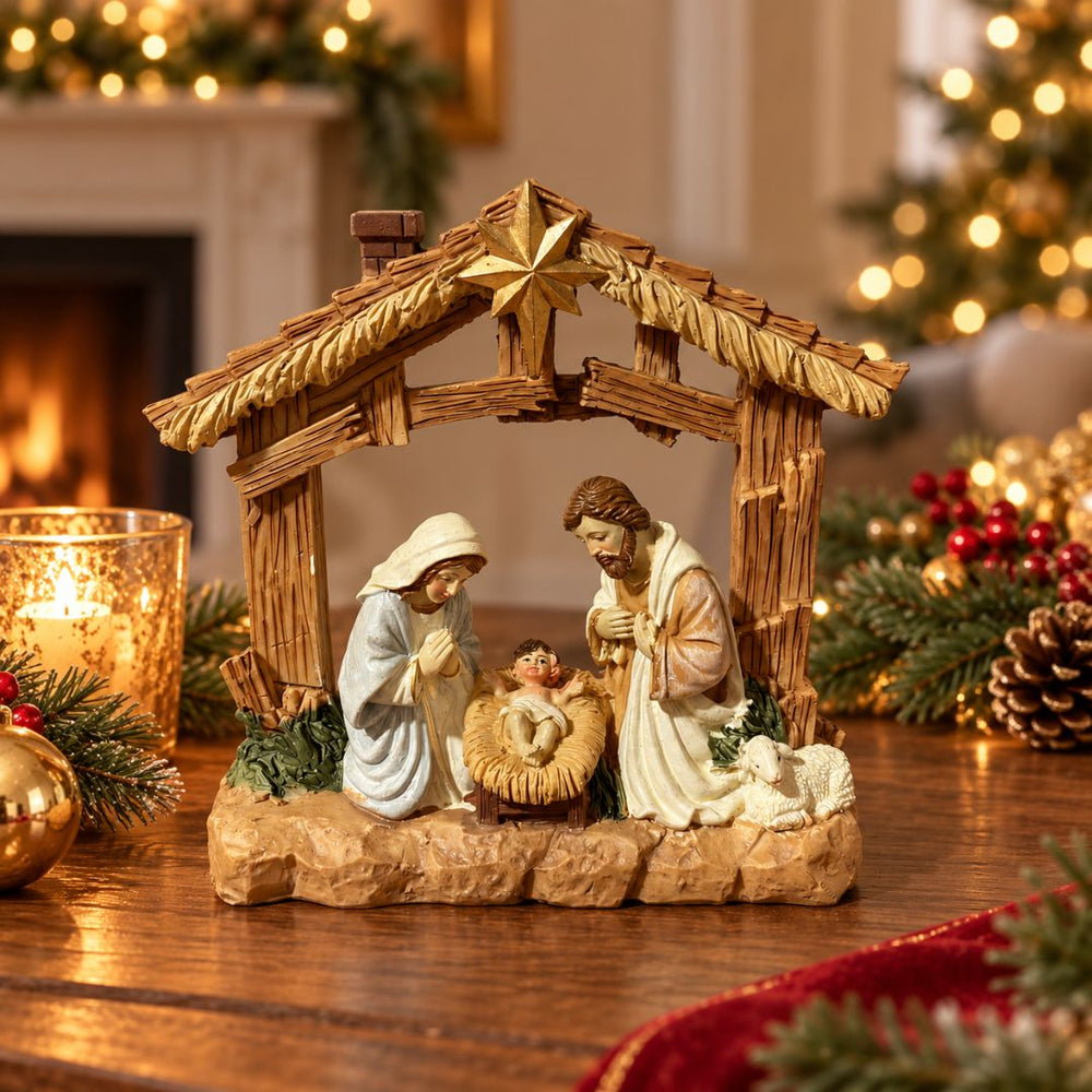 Figura decorativa casita pesebre marrón con Sagrada Familia y estrella