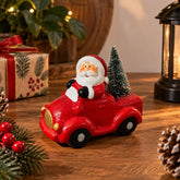 Figura decorativa navideña carro rojo con árbol y luces de 12 cm