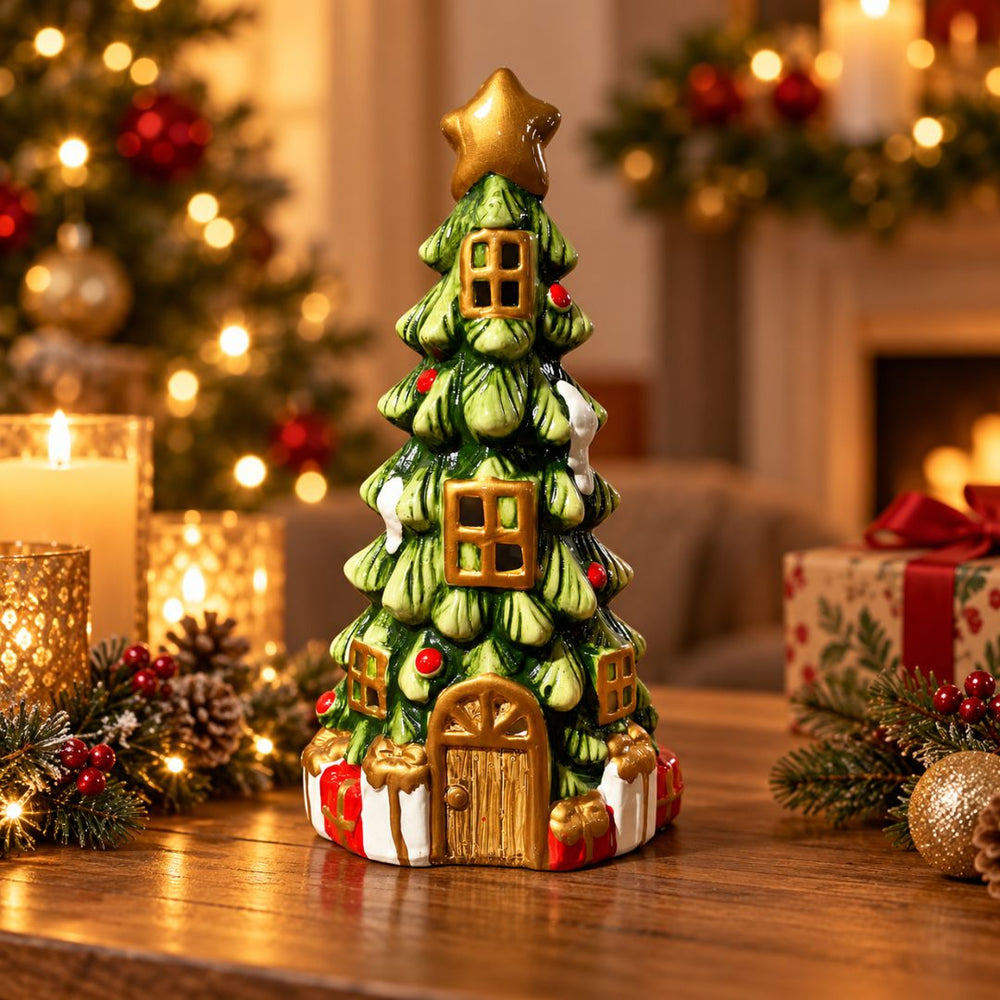 Figura decorativa árbol navideño con luces y detalles de casita