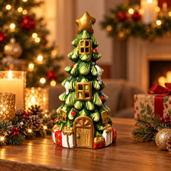 Figura decorativa árbol navideño con luces y detalles de casita