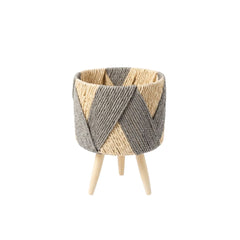 Matera tejida diseño zigzag beige y gris con patas de madera