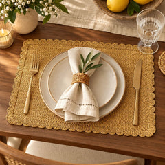 Individual rectangular tejido trenzado 30 x 45 cm con borde ondulado en beige y marrón claro