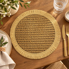 Individual redondo tejido con flecos de 38 cm en beige y marrón claro