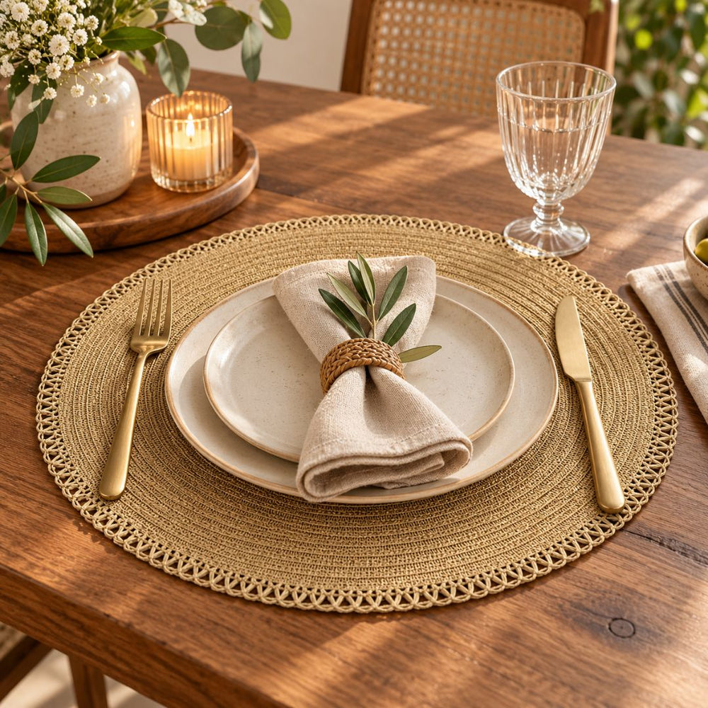 Individual redondo para mesa de 38 cm con tejido en espiral, borde calado decorativo y acabado beige claro