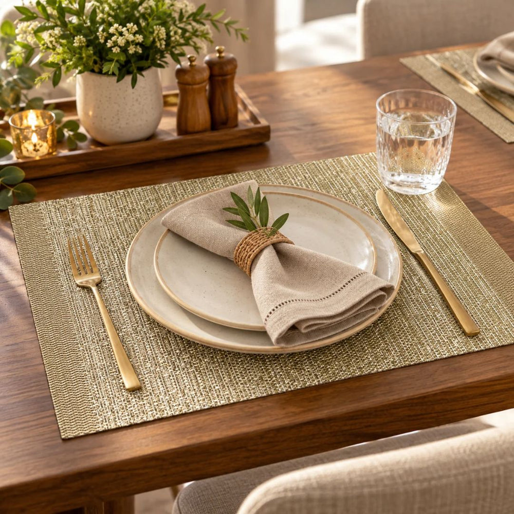 Individual para mesa rectangular en PVC dorado de 30 × 46 cm con tejido fino y franjas laterales de textura contrastante