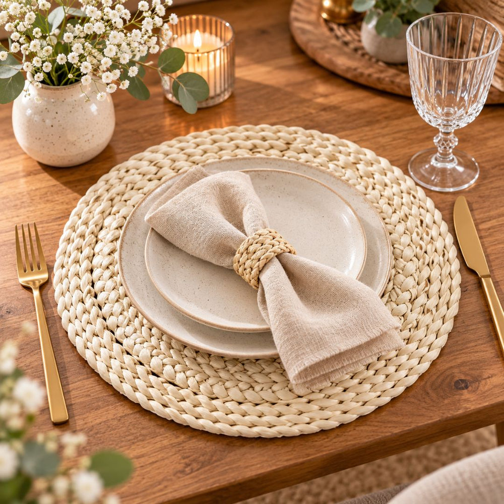 Individual para mesa redondo 37 cm en yute con diseño entrelazado natural