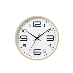 Reloj de pared redondo con marco marrón y carátula blanca