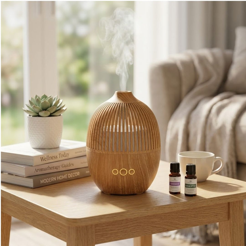 Humidificador con líneas verticales, luces y acabado tipo madera