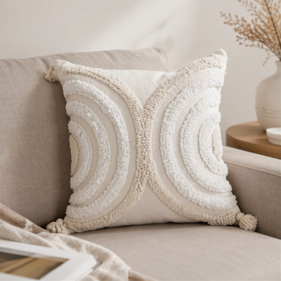 Cojín decorativo blanco y beige 45×45 cm con círculos texturizados en relieve