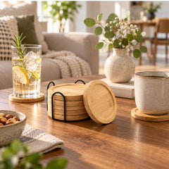 Set de porta vasos x4 en bambú circular con soporte metálico negro