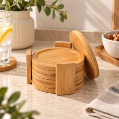 Set de 7 portavasos redondos de bambú natural con base organizadora