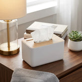Dispensador de pañuelos rectangular blanco con tapa bambú natural 21x13x10 cm