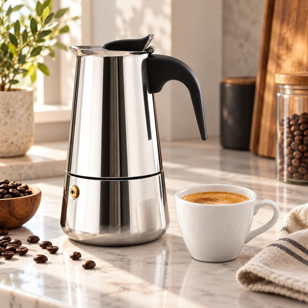 Cafetera italiana Express Maker en acero inoxidable disponible en 4 y 6 tazas