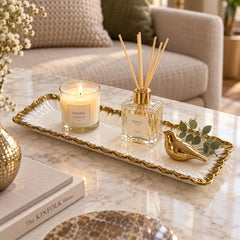 Bandeja decorativa blanca 30×11 cm con diseño de ondas y borde dorado
