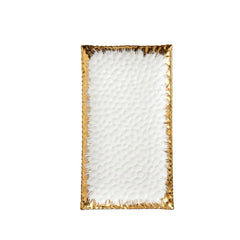 Bandeja rectangular blanca con borde dorado