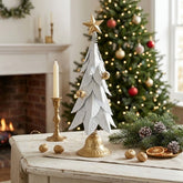 Figura decorativa de árbol navideño blanco de 62 cm con estrella y base doradas