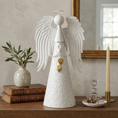 Figura decorativa de ángel blanco de 65 cm con estrellas en relieve alas y corazones dorados