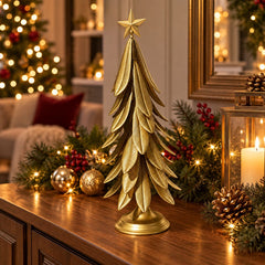 Figura decorativa de árbol de Navidad en aluminio dorado de 50 cm con hojas y estrella superior