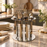 Set de cubiertos en acero inoxidable Rombos plata con dorado de 25 piezas con soporte