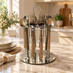 Set de cubiertos en acero inoxidable Rombos plata con soporte organizador
