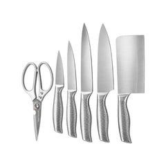 Set de cinco cuchillos y tijera de cocina en acero inoxidable
