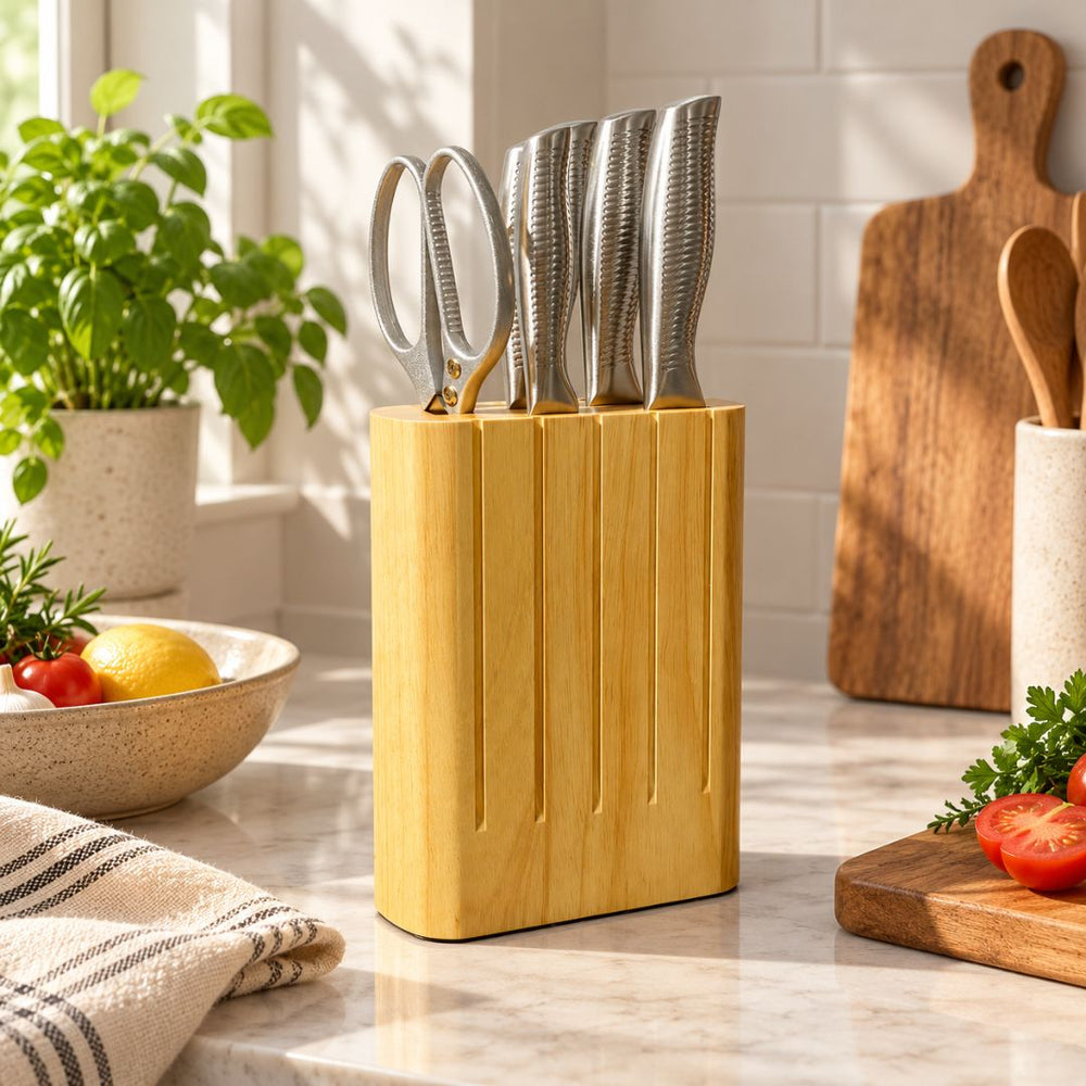 Set de cuchillos x6 en acero inoxidable con soporte en madera natural