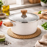 Olla 26 cm con tapa de vidrio y mangos tipo madera natural