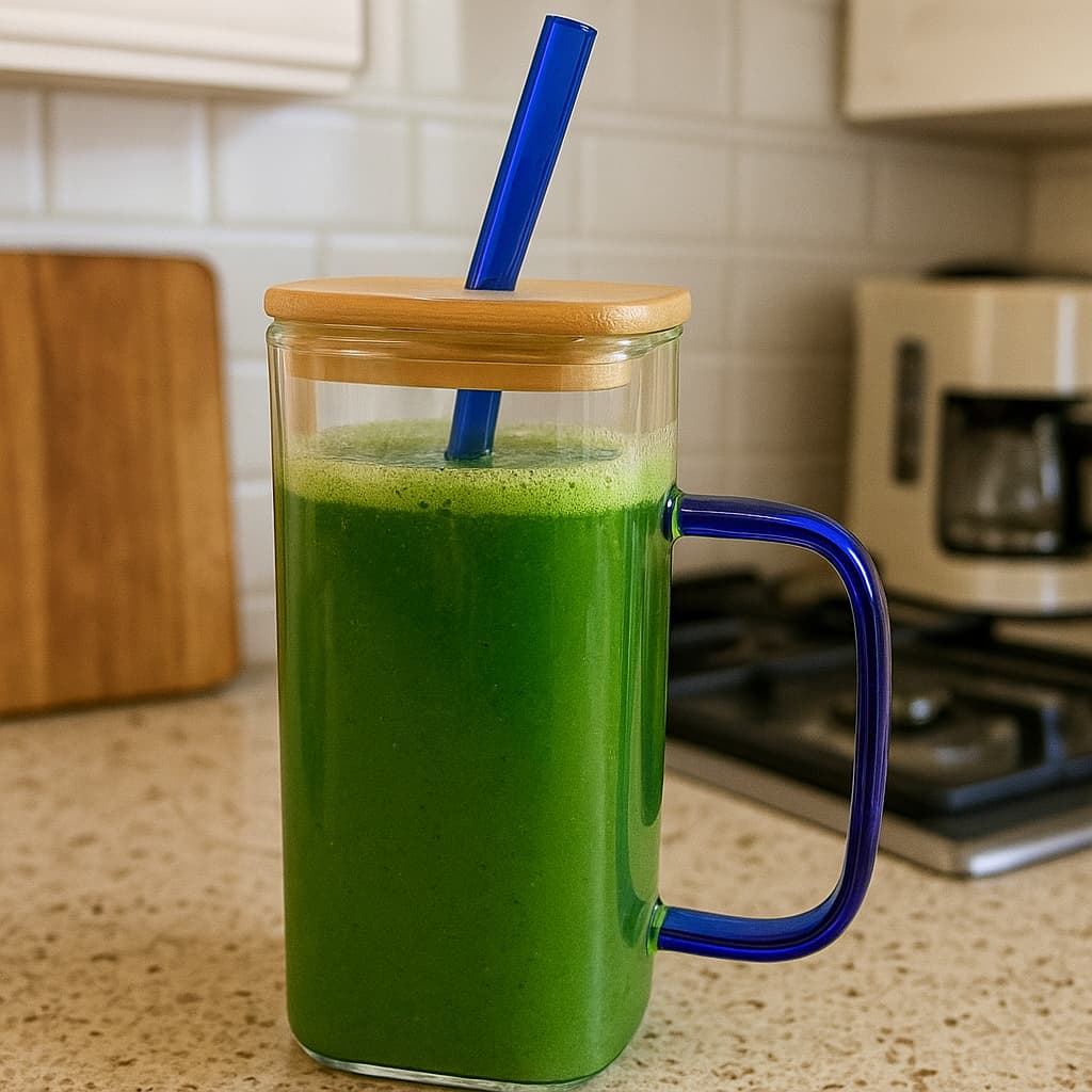 Vaso de vidrio 300ml con tapa de bambú, pitillo