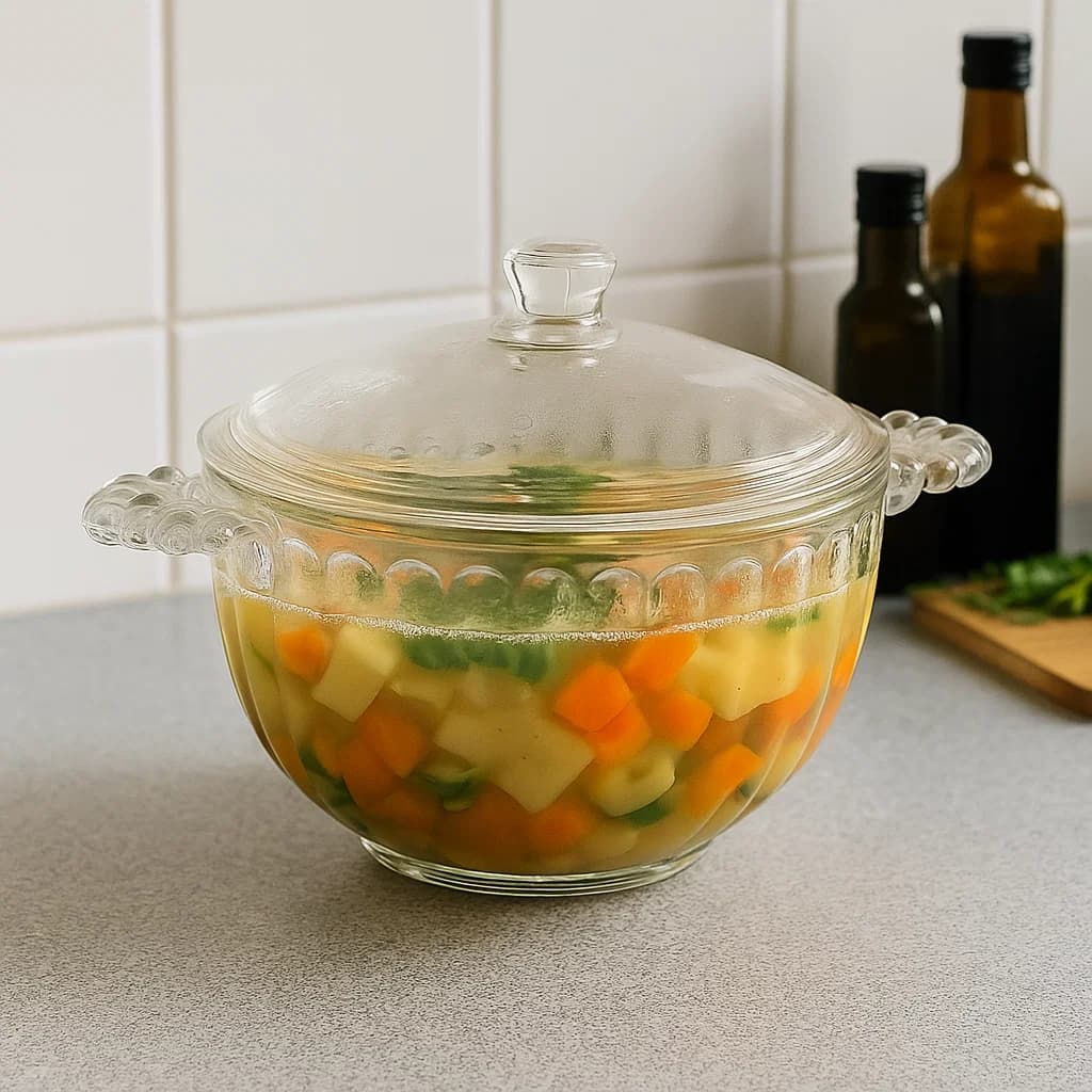 Olla de vidrio transparente con tapa y orejas decorativas tipo burbuja 1080 ml