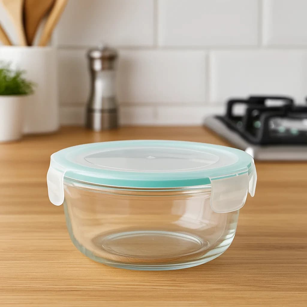 Recipiente redondo de vidrio 600 ml con tapa verde menta hermética