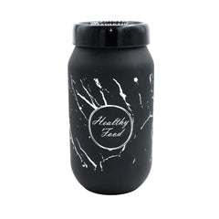 Frasco elegante de vidrio negro con diseño mármol y frase “Healthy Food”, ideal para almacenar alimentos secos en la cocina.