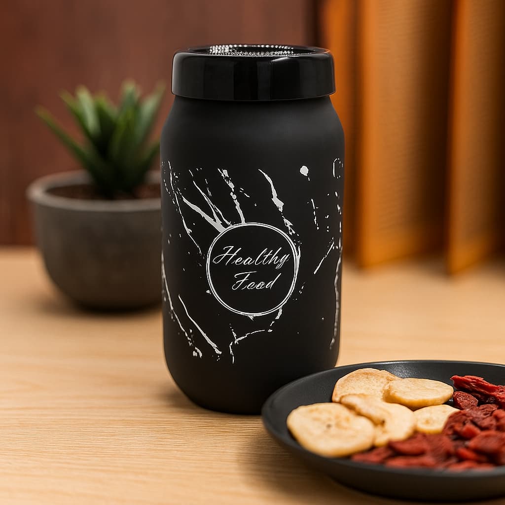Frasco elegante de vidrio negro con diseño mármol y frase “Healthy Food”, ideal para almacenar alimentos secos en la cocina.