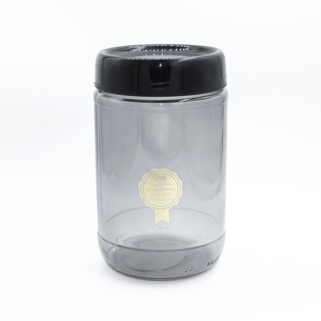 Frasco de vidrio gris ahumado con tapa negra, capacidad de 660 ml, estilo moderno.