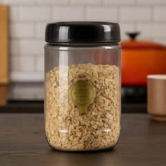 Frasco de vidrio gris ahumado con tapa negra, capacidad de 660 ml, estilo moderno.