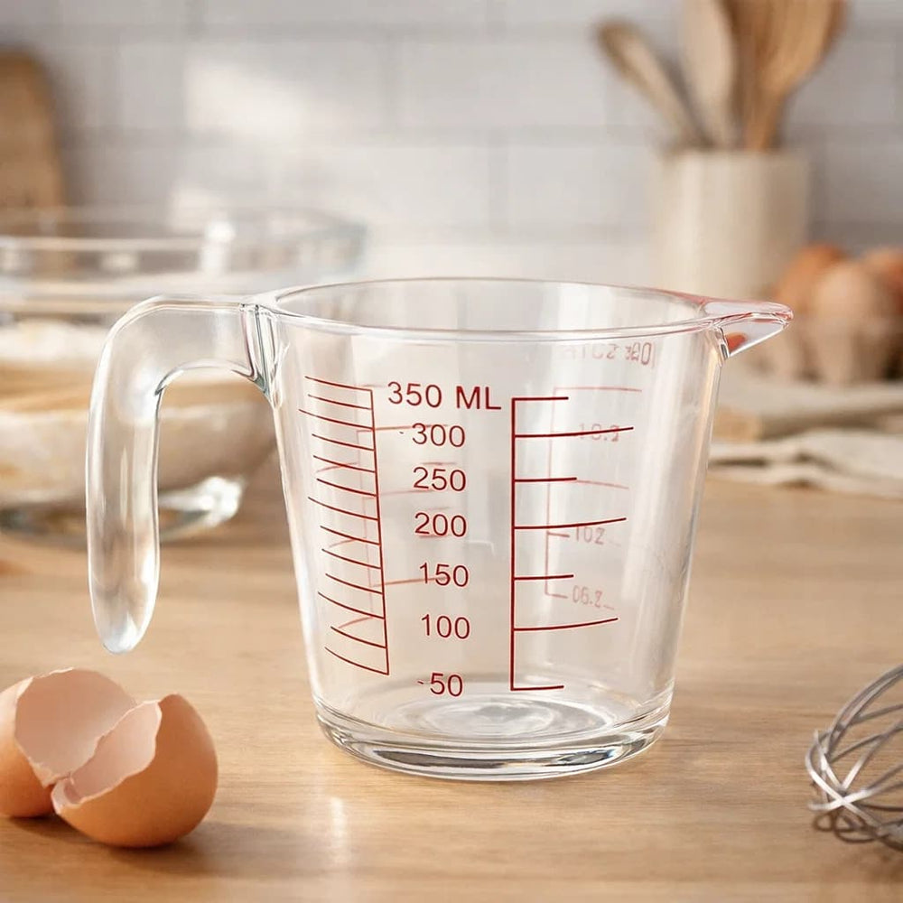 Taza medidora de vidrio 350 ml con escala graduada y pico vertedor