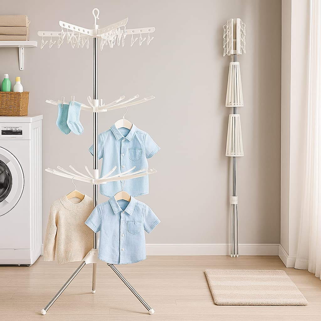 Detalle de base triangular del secador metálico de ropa