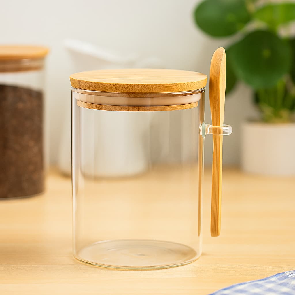 Recipiente de vidrio 850 ml con tapa de bambú y cuchara