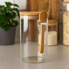 Recipiente de vidrio 1000 ml con tapa de bambú y cuchara