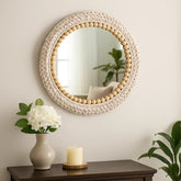 Espejo Redondo 37cm Con Marco De Macramé y Borlas Estilo Boho Chic