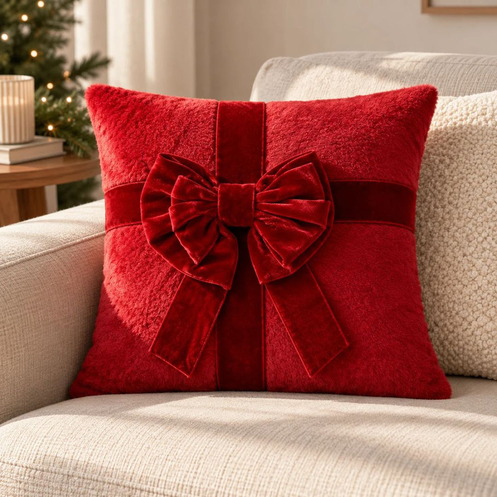Cojín navideño cuadrado rojo de 42 cm con moño decorativo