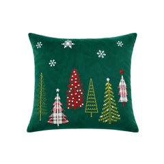 Cojín navideño verde de 43 × 43 cm con árboles de Navidad decorativos.