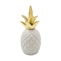 Piña Decorativa En Cerámica Blanca Con Dorado