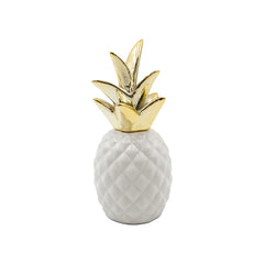 Piña Decorativa En Cerámica Blanca Con Dorado