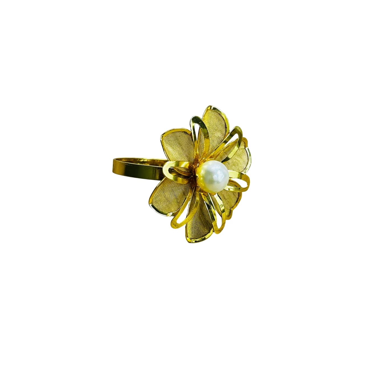 Anillo para servilleta dorado con diseño de flor y perla central
