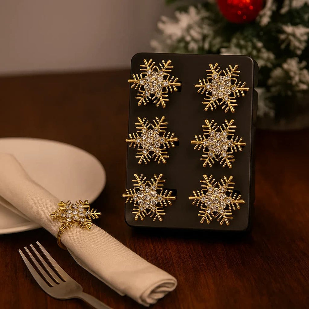 Set De 6 Anillos Para Servilleta Copo De Nieve Dorado